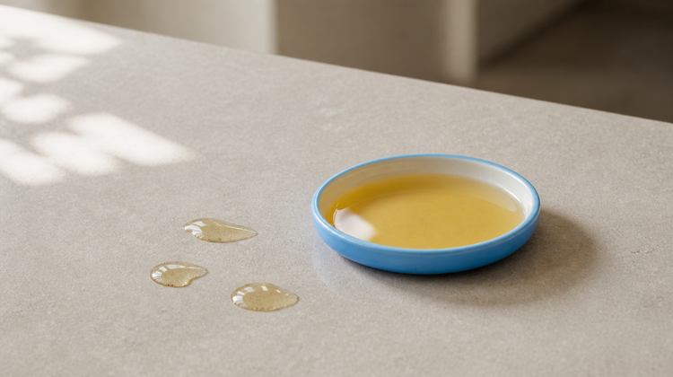 Sky-blue ceramic saucer holding golden jojoba oil with small splashes of oil on pale stone