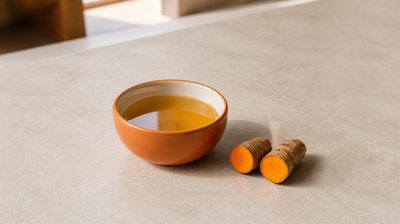 Burnt-orange ceramic bowl of golden Ayurvedic oil beside a fresh turmeric root cut in half on pale stone
