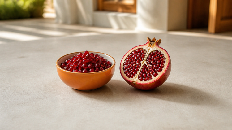 An orange bowl of ruby pomegranate seeds beside a halved pomegranate on pale stone