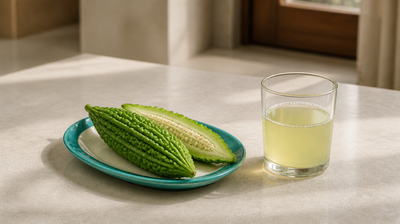 Whole and halved bitter gourd on a teal plate beside a glass of pale karela juice, karela juice for acne