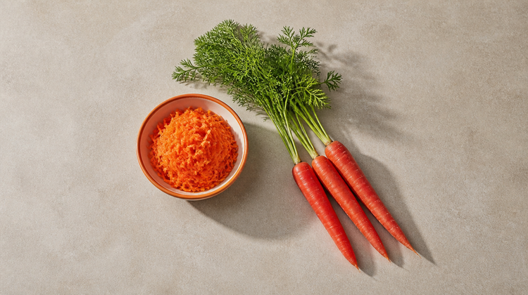 Fresh carrots with green tops beside an orange bowl of grated carrot on pale stone, carrot for skin