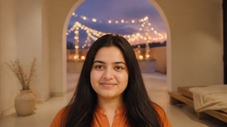 Young Indian woman in a burnt-orange kurta with calm, clean skin on a festive evening, string lights on a terrace behind her, for Karwa Chauth skincare