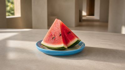 Two fresh watermelon wedges on a sky-blue plate in soft daylight, watermelon for skin