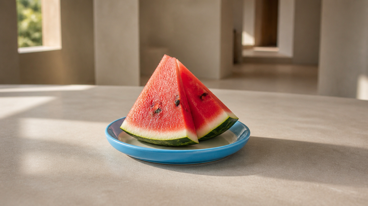 Two fresh watermelon wedges on a sky-blue plate in soft daylight, watermelon for skin