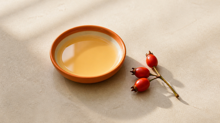 Rosehip seed oil in a small burnt-orange ceramic saucer beside a twig of red rosehips on pale limestone