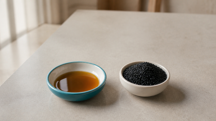 A teal saucer of golden kalonji oil beside a small bowl of black nigella seeds on pale stone