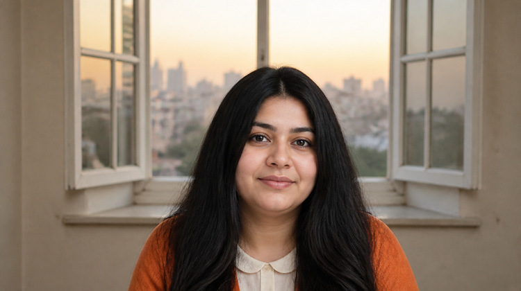 A young Indian woman in a burnt-orange cardigan at home at dawn after a night shift, city window behind her