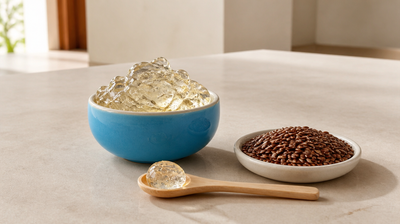 A sky-blue bowl of clear homemade flaxseed gel with a wooden spoon and a dish of whole flaxseeds