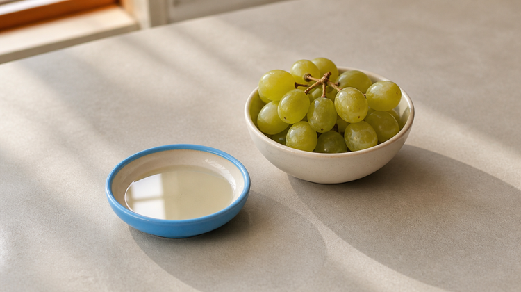 A sky-blue ceramic saucer holding a shallow pool of pale golden grapeseed oil beside a bowl of green grapes on pale stone