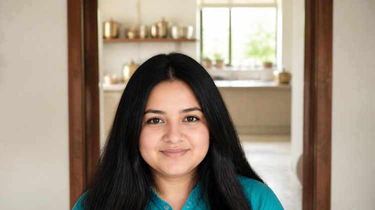 A smiling Indian home cook in a teal kurta standing at the doorway of her sunlit kitchen
