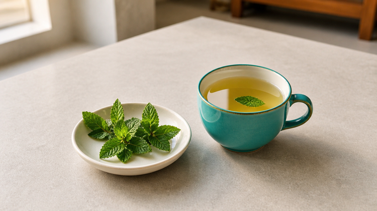 A teal ceramic cup of clear pale spearmint tea with a floating mint leaf beside a dish of fresh spearmint sprigs