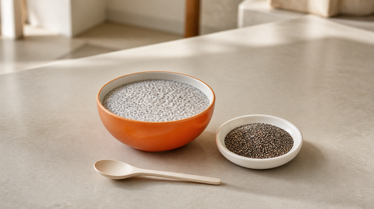 A burnt-orange bowl of speckled chia seed pudding beside a dish of dry chia seeds