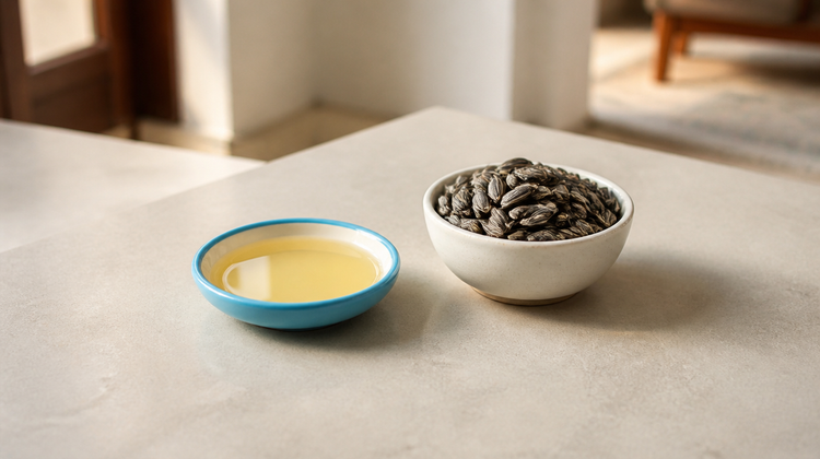 A sky-blue saucer holding clear golden sunflower oil next to a bowl of striped sunflower seeds