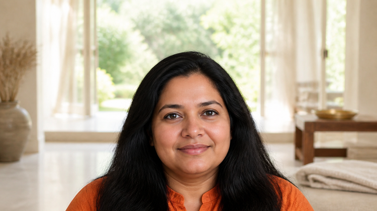 Indian woman in an orange kurta at home in morning light with calm, even-toned skin