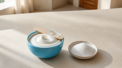 Thick white moisturising cream in a sky-blue bowl beside a dish of fine white urea crystals