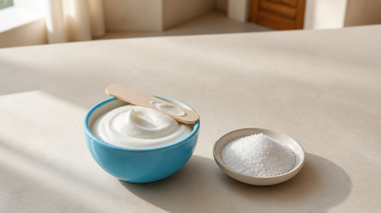 Thick white moisturising cream in a sky-blue bowl beside a dish of fine white urea crystals