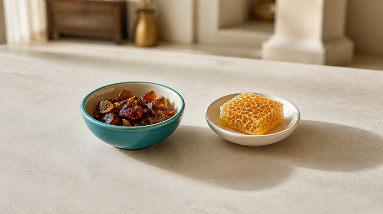 Amber nuggets of raw bee propolis resin in a teal bowl beside a square of honeycomb on pale stone