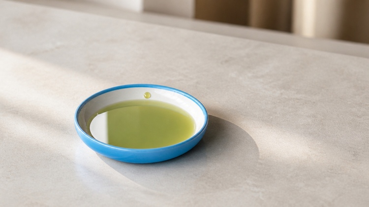 Green-gold hemp seed oil pooled in a sky-blue ceramic saucer on pale stone