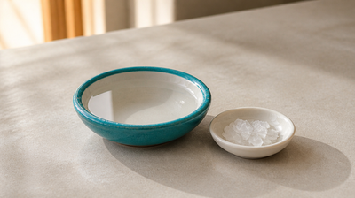 Teal bowl of clear water beside a dish of coarse sea salt, the salt-water source of hypochlorous acid