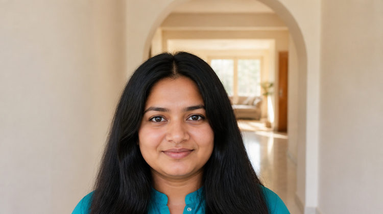 Indian woman in a teal kurta at home in the morning with calm skin, for a guide to using dapsone gel for acne