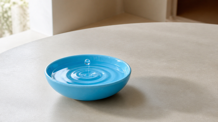 Ripples spreading across water in a sky-blue bowl, a hydration metaphor for ectoin's water-binding benefits for skin