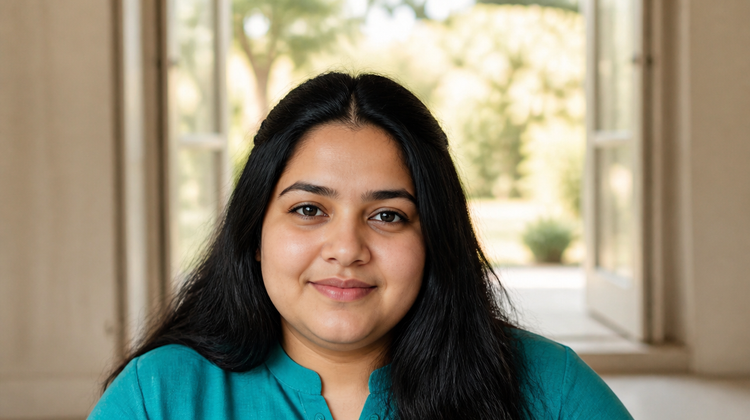 Indian woman in a teal kurta at home by an open window, calm even skin, for a guide to using tazarotene for acne