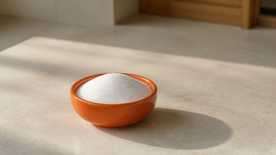 Fine white crystalline vitamin C powder in an orange ceramic bowl, for a guide to sodium ascorbyl phosphate for skin