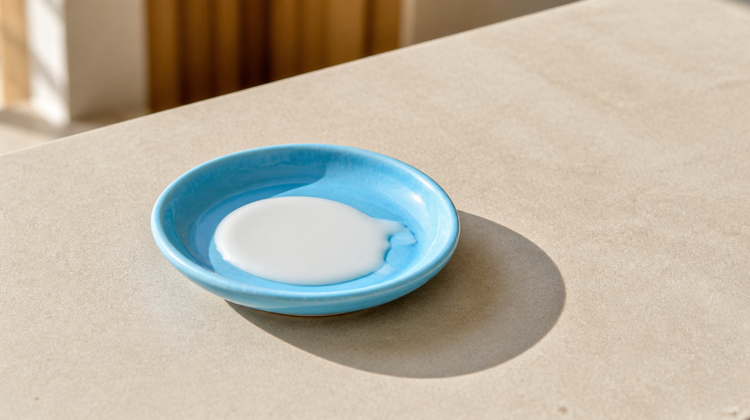 A pool of white sunscreen lotion in a sky-blue ceramic dish in sunlight, for a guide to homosalate in sunscreen