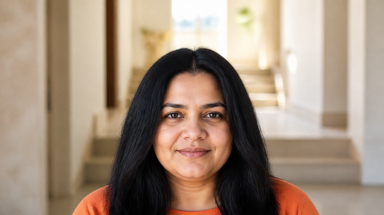 Indian woman in her thirties with even skin tone at home, for a guide to triple combination cream for melasma