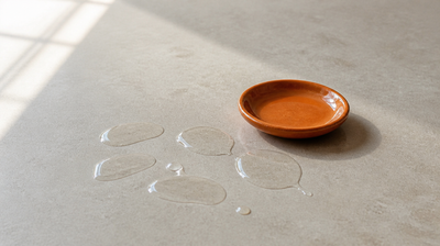 Clear splashes of vitamin C serum on pale stone beside a burnt-orange ceramic dish
