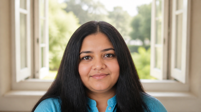 Indian woman in her forties with calm, comfortable skin by an open window, managing rosacea with a gentle routine