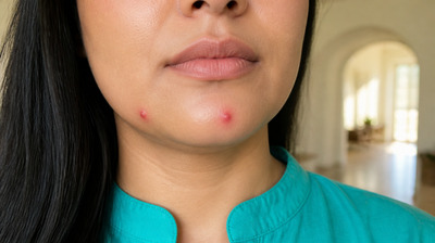 Close-up of an Indian woman's chin and jawline with two mild hormonal acne spots, the pattern spironolactone is prescribed for