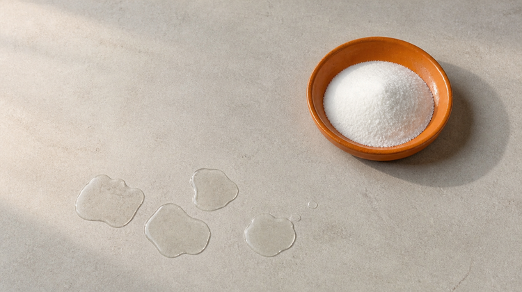 White vitamin C powder in an orange dish beside clear serum splashes on limestone, illustrating magnesium ascorbyl phosphate for skin