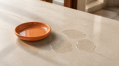 Clear vitamin C serum in an orange ceramic dish with splashes on limestone, illustrating ascorbyl glucoside for skin