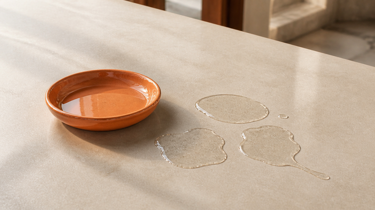 Clear vitamin C serum in an orange ceramic dish with splashes on limestone, illustrating ascorbyl glucoside for skin