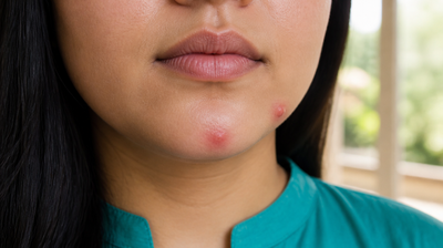 Close-up of a woman's chin and jawline with two mild red acne spots, typical of hormonal breakouts after stopping the pill