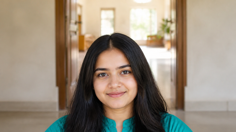 A young Indian woman with calm, clear skin in a teal kurta, standing at home in soft morning light