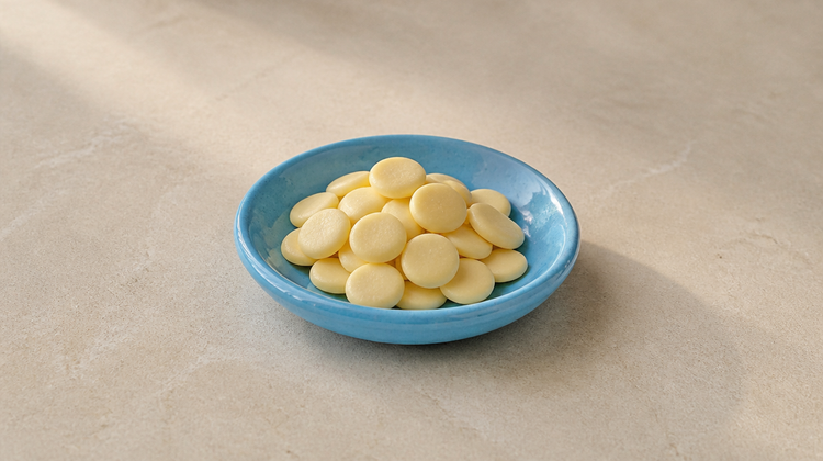 Pale yellow cocoa butter wafers heaped in a sky-blue stoneware saucer on light stone