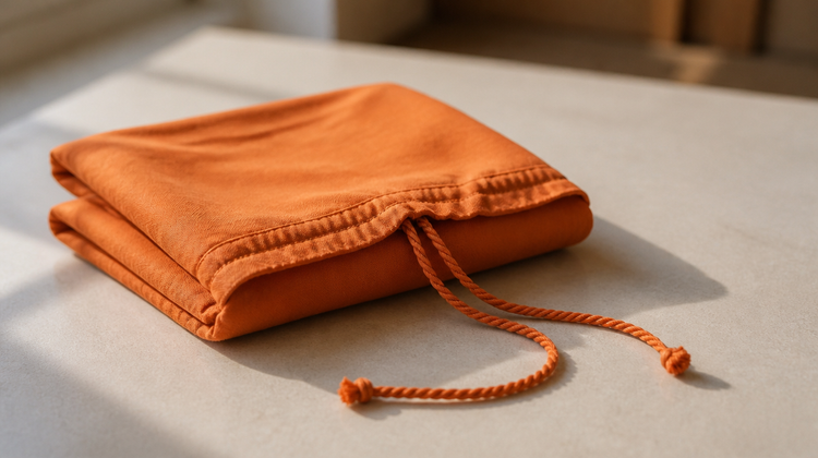 Folded orange cotton petticoat with its twisted drawstring cord, the waistband that causes friction pigmentation