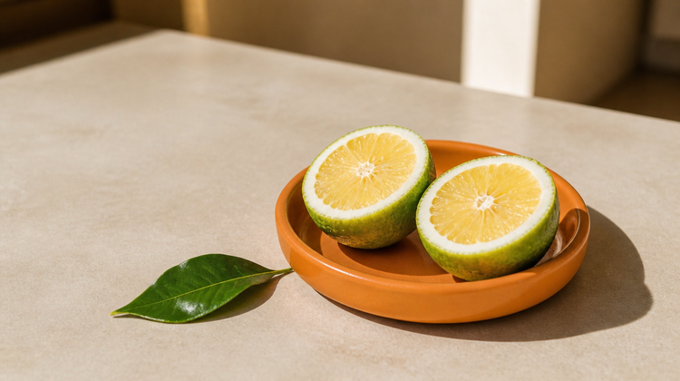 Two halves of a fresh bergamot orange in a burnt-orange dish in hard sunlight, illustrating how citrus oils in perfume react with sun to cause dark spots