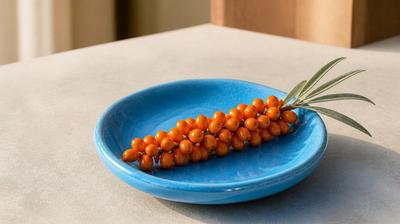 Two pieces of fresh ginger root on a burnt-orange plate in bright sunlight, for an article on ginger for skin
