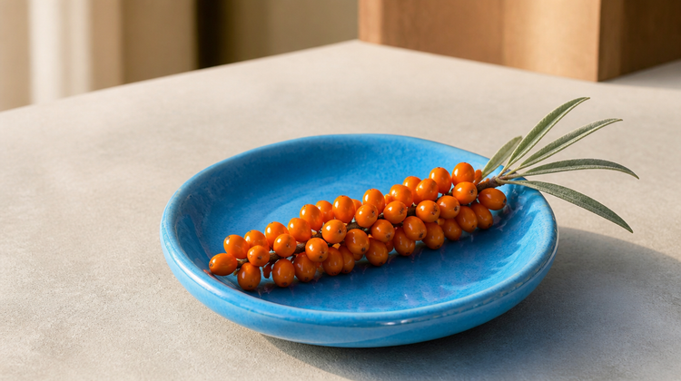 Two pieces of fresh ginger root on a burnt-orange plate in bright sunlight, for an article on ginger for skin