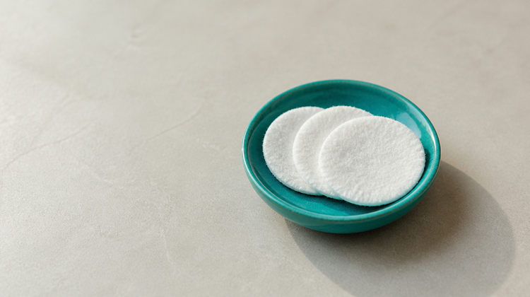 Three soft white cotton pads fanned in a teal-green stoneware dish on pale limestone, for an article on hand sanitiser on pimples