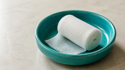 A rolled white cotton gauze bandage in a teal-green stoneware dish on pale limestone, for an article on Betadine on pimples