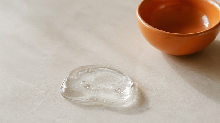 A clear gel with tiny bubbles on pale limestone beside a burnt-orange stoneware bowl, for an article on zinc PCA side effects