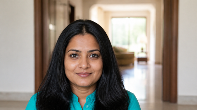 Portrait of an Indian woman with long dark hair and a clear forehead in a teal kurta at home, for an article on whether minoxidil causes acne