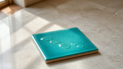 Five small drops of clear face serum on a teal ceramic tile, counted out like single doses