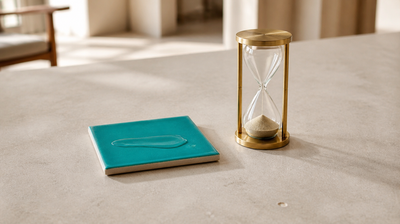 A swipe of clear serum on a teal ceramic tile beside a brass sand timer on pale limestone