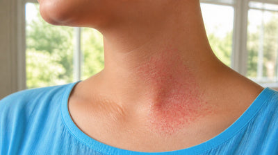 Prickly heat rash of tiny red bumps on the side of a woman's neck above a blue cotton kurta