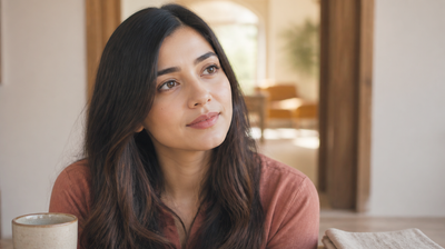 An Indian woman in soft evening daylight with smooth, evenly textured skin, illustrating the gentle exfoliation lactic acid provides